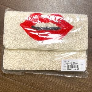 Red lips beaded bag with chain strap